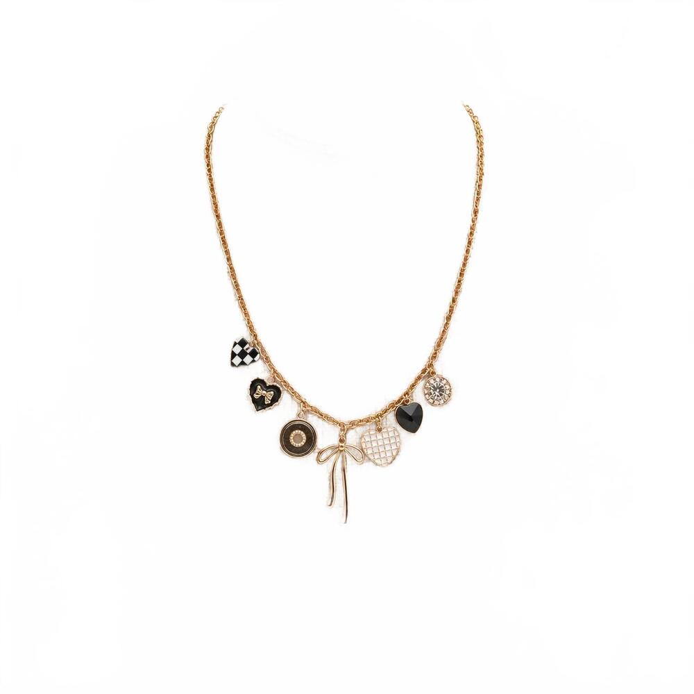 NEW JOSSLYN BY WALL TO WALL women's bow heart charm necklace in black/ gold